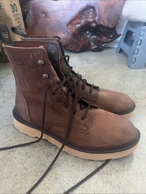 Sorel Men's Brown Leather Lace-Up Work Boots with Tan Sole